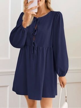 Zesica NWT Navy Blue Long Puff Sleeve Tie-Front Babydoll Mini Dress Medium